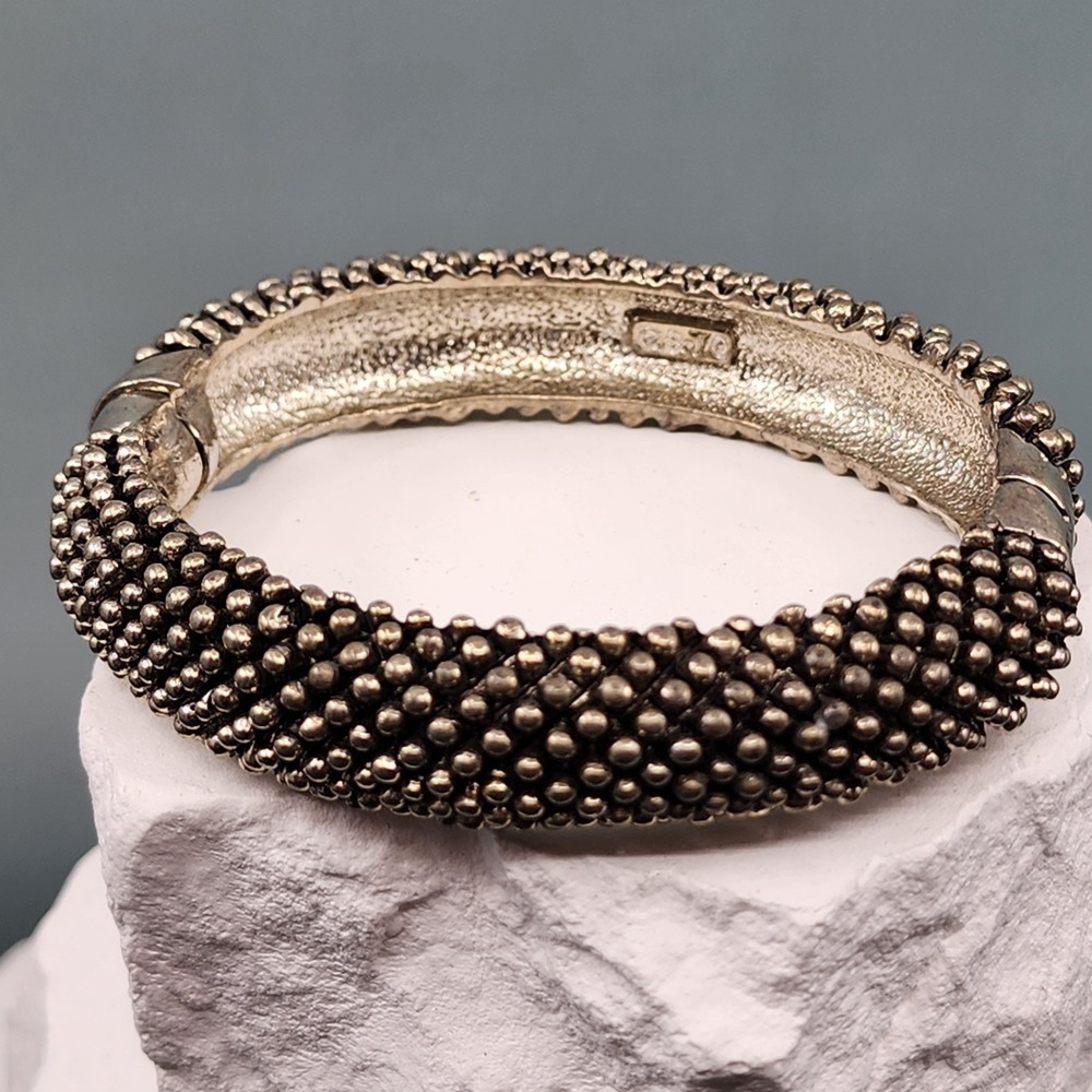 Silver Tone Beaded Textured Hinged Bangle Cuff Bracelet Chunky Sculptural Metal